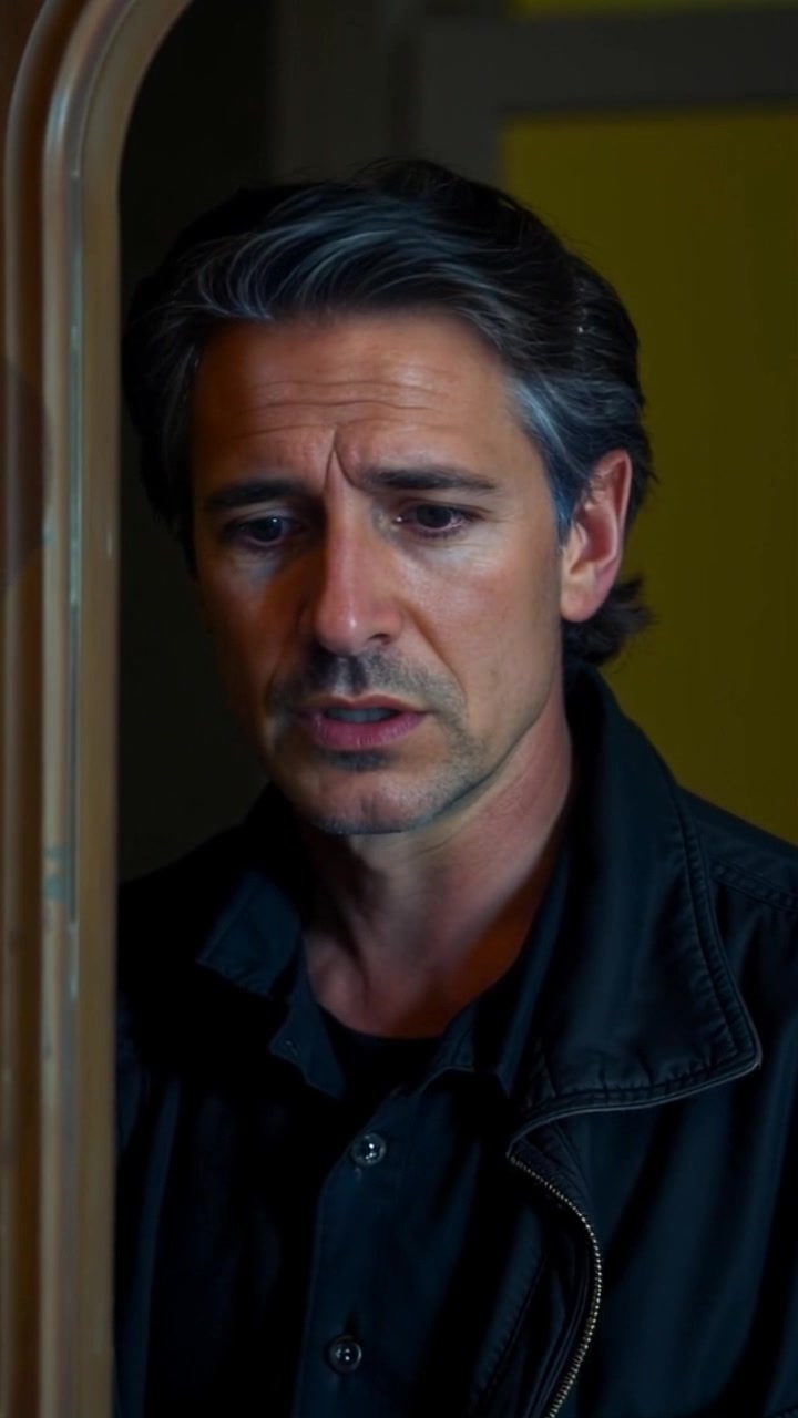 Subject: A man stands in front of a door, looking fearful and tense. Subject movement: He shifts nervously from foot to foot, glancing around anxiously. Scene: Dimly lit hallway with shadows creeping along the walls, creating a sense of foreboding. Style: Ambient lighting with deep contrasts accentuating the man's expression and the looming door. Motion: The camera gently pushes in on the subject, slowly tightening the frame to capture his escalating anxiety, while the background blurs slightly, heightening the tension.