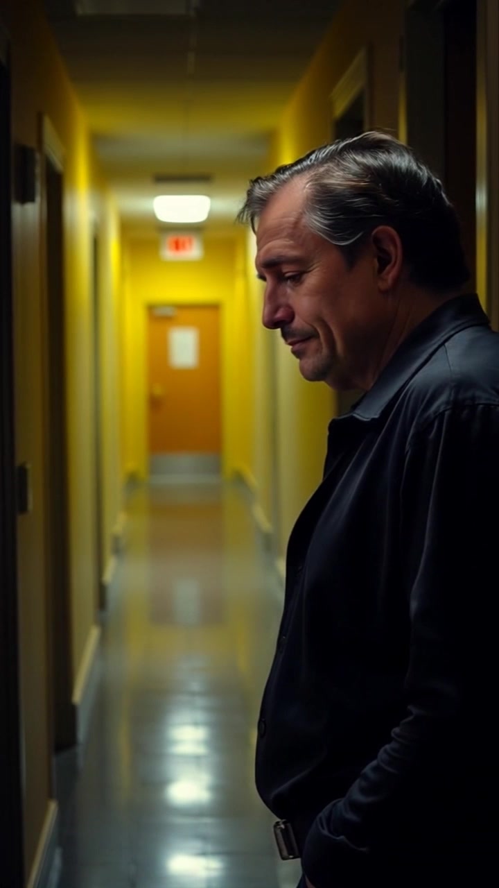 Subject: A person standing in the hallway, frowning and lost in thought. Subject movement: The individual slowly paces back and forth, deep in contemplation. Scene: A dimly lit hallway with soft shadows playing on the walls, enhancing the reflective atmosphere. Style: Warm, muted lighting that creates a pensive mood. Motion: The camera operates with a smooth handheld motion, tracking closely as the person walks, subtly shifting focus to capture their expressions and the textures of the hallway.