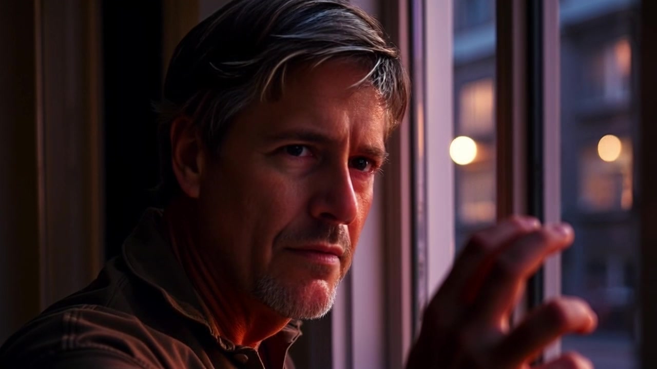 Subject: Mark standing by his window. Subject movement: He shifts slightly, leaning closer to the glass, his intense gaze focused outside. Scene: A quiet room filled with soft, natural light filtering through the window, creating gentle shadows on the walls. Style: Morning light casting a warm, inviting atmosphere. Motion: The camera gently pushes in on Mark's contemplative expression, emphasizing the depth of his gaze as the sounds of the outside world echo softly around him.
