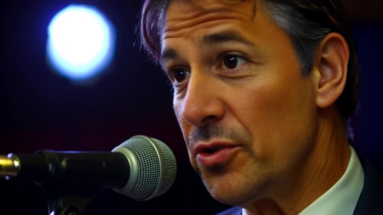 Subject: A focused individual speaking into a microphone, capturing his intense expression. Subject movement: He shifts his head slightly as he emphasizes key points, engaging with an unseen audience. Scene: A modern studio setting with soft lighting that highlights his features, surrounded by high-end audio equipment. Motion: Camera performs a close-up push-in on his face during key moments of his speech, then pulls back slightly to encompass the studio atmosphere.