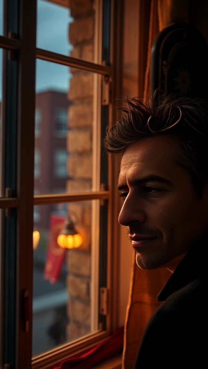 Subject: Omar gazing thoughtfully out of his window. Subject movement: He remains still, lost in contemplation as the world outside continues to unfold. Scene: A cozy, warmly lit room with soft curtains framing the window, contrasting against a vibrant outdoor scene full of bustling life. Style: Warm, inviting afternoon light streaming in, casting gentle shadows throughout the room. Motion: The camera slowly pushes in towards Omar's face, capturing his reflective expression while soft ambient sounds of the outside world filter in.