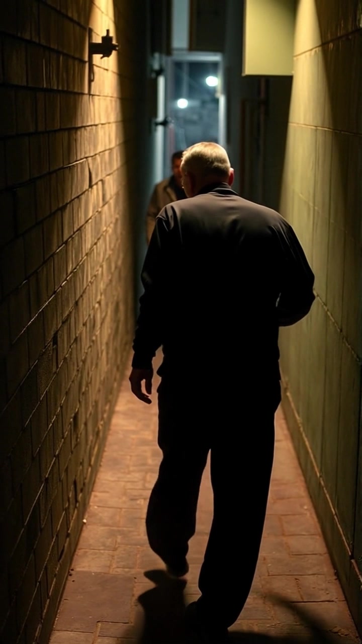 Subject: A figure walking cautiously. Subject movement: The figure moves slowly through a dimly lit alley, glancing around nervously as shadows shift menacingly. Scene: Narrow, dimly lit alley with high walls and flickering streetlights, creating a sense of unease. Style: Moody, low light with deep shadows enhancing the tension. Motion: Handheld camera follows closely behind the figure, swaying slightly to mimic their cautious steps, capturing the details of the environment as they navigate through the shadows.