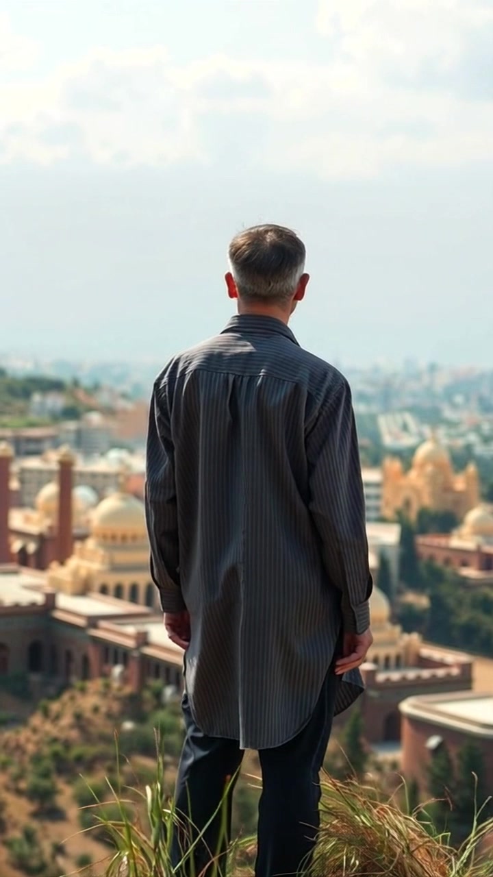 Subject: A figure standing on a hill. Subject movement: Omar gazes contemplatively towards the distant cityscape, taking a deep breath as the wind ruffles his clothing. Scene: A panoramic view from a hilltop overlooking a sprawling city filled with temples, framed against a clear blue sky. Lighting: Bright daylight casts soft shadows, creating a sense of openness and vastness. Motion: The camera elegantly pushes in slowly, capturing the serene expression on Omar’s face while revealing more of the intricate details of the city below.