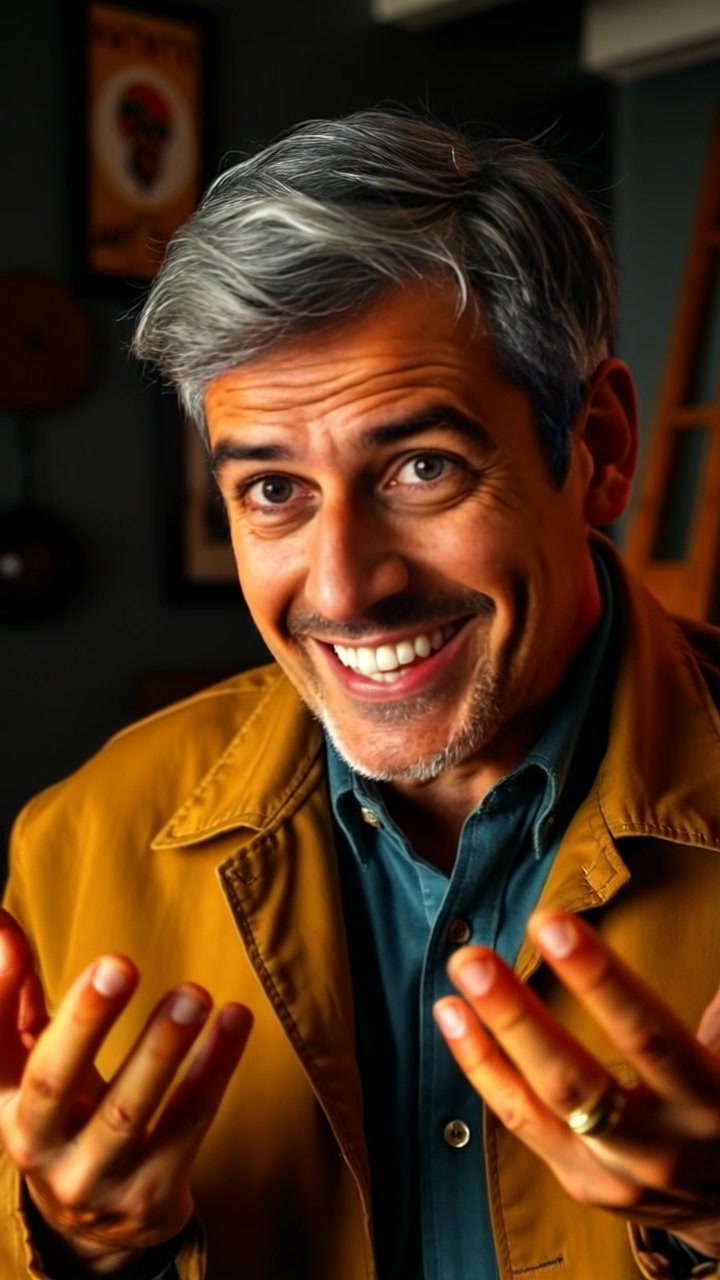 Subject: A person with a mischievous smile, illustrating a point with animated hand gestures. Subject movement: The person engages viewers with expressive hand movements while leaning slightly forward, emphasizing their explanation. Scene: A cozy living room, adorned with warm colors and soft lighting that creates a friendly atmosphere. Motion: The camera moves in with a slow push-in to capture the enthusiasm in the person's expression, framing them against the inviting backdrop.