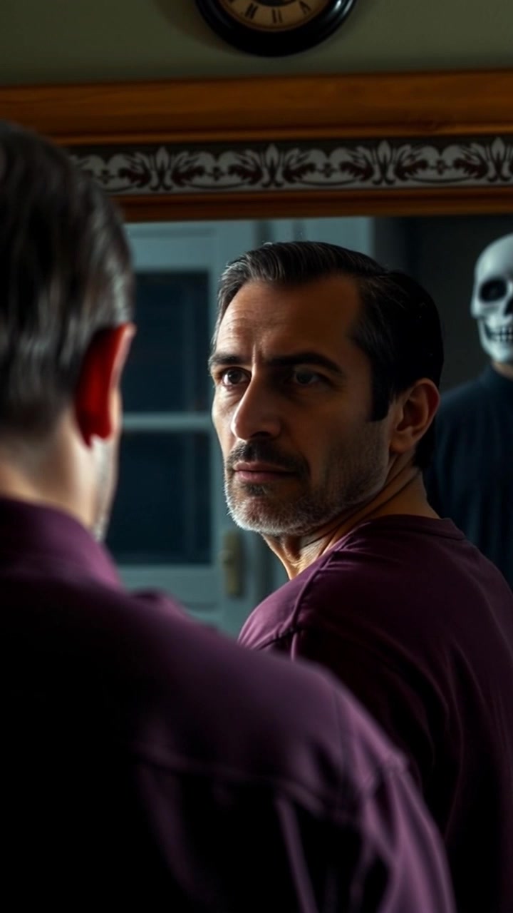 Subject: A person gazing into a mirror, surprised by a mysterious figure behind them. Subject movement: The individual stands still, eyes wide with shock, while the figure in the reflection subtly shifts into view. Scene: A dimly lit room, featuring an ornate mirror and shadowy corners that evoke an air of suspense. Style: Soft, ambient lighting with a hint of eerie blue tones, creating an atmosphere of tension. Motion: The camera slowly pans from the person's shocked expression to the reflection in the mirror, enhancing the suspenseful reveal.