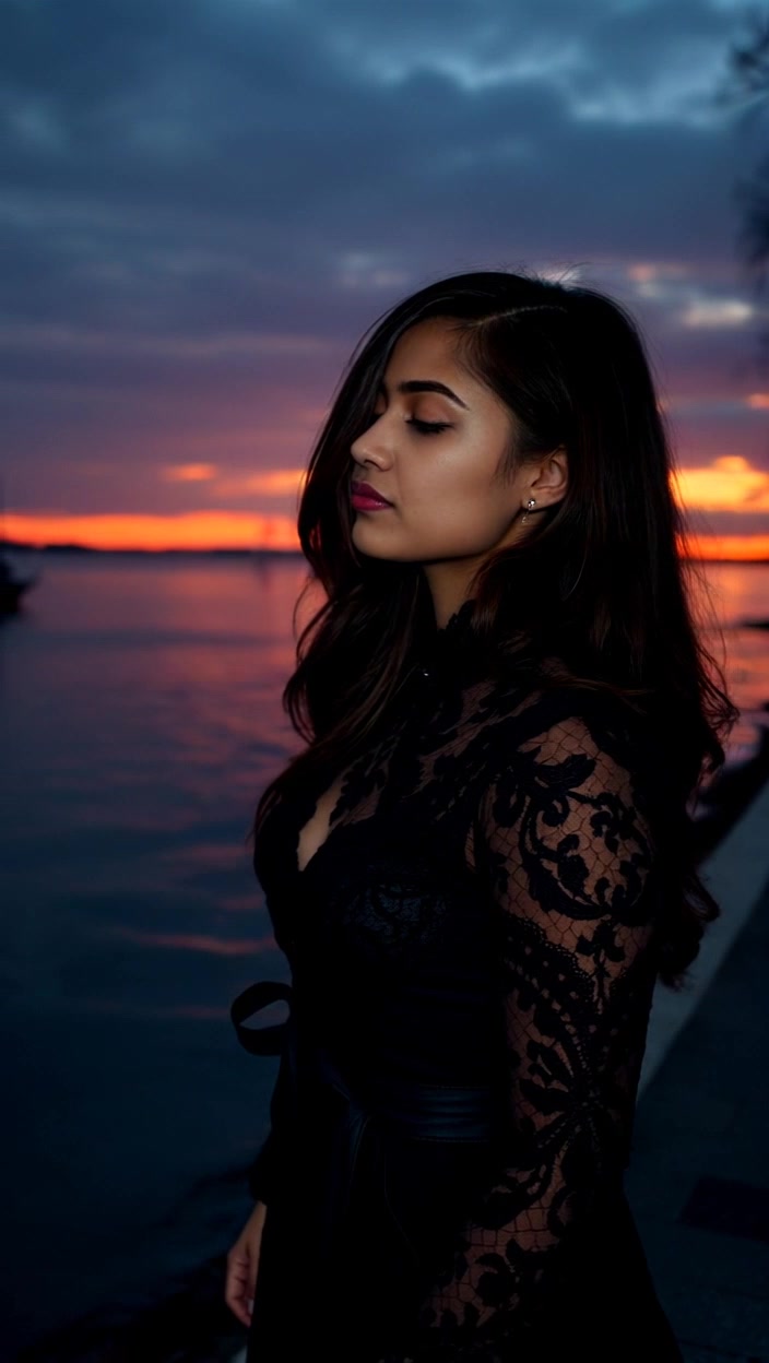 Subject: A person standing by a serene riverbank. Subject movement: The individual gazes contemplatively at the glimmering water, occasionally shifting their weight as the wind gently rustles the surrounding foliage. Scene: Sunset casting a warm glow over the riverbank, with vibrant orange and purple hues reflecting on the water's surface. Lighting: Soft, golden-hour light enhances the tranquil atmosphere. Motion: Camera moves slowly around the individual, capturing the serene landscape while focusing on the interplay of light and shadow on the water.