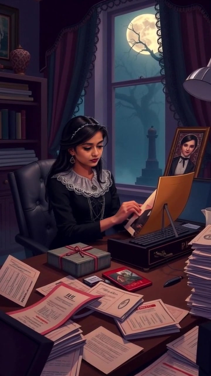 Subject: A woman sitting at a desk surrounded by clutter, gazing thoughtfully at a photograph of her past love. Subject movement: She gently lifts the photograph closer to her face, tracing the outline of her former partner with her fingers. Scene: A dimly lit, intimate office space filled with memories, framed photos, and scattered papers. Style: Soft, moody lighting that emphasizes the melancholic atmosphere of nostalgia. Motion: The camera slowly pushes in, capturing her expression and the detail of the photograph as the surrounding clutter blurs softly in the background.