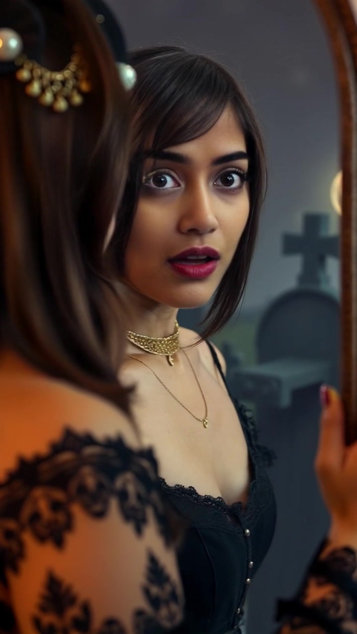 Subject: Priya, looking surprised. Subject movement: She gasps and takes a step back, her eyes widening at the reflection in the mirror. Scene: A softly lit bedroom with a vintage mirror, casting gentle shadows. Style: Warm, ambient lighting creating a cozy atmosphere with soft reflections. Motion: The camera slowly pushes in on Priya's surprised expression, then tilts slightly to reveal the mirror, adding depth to the moment.