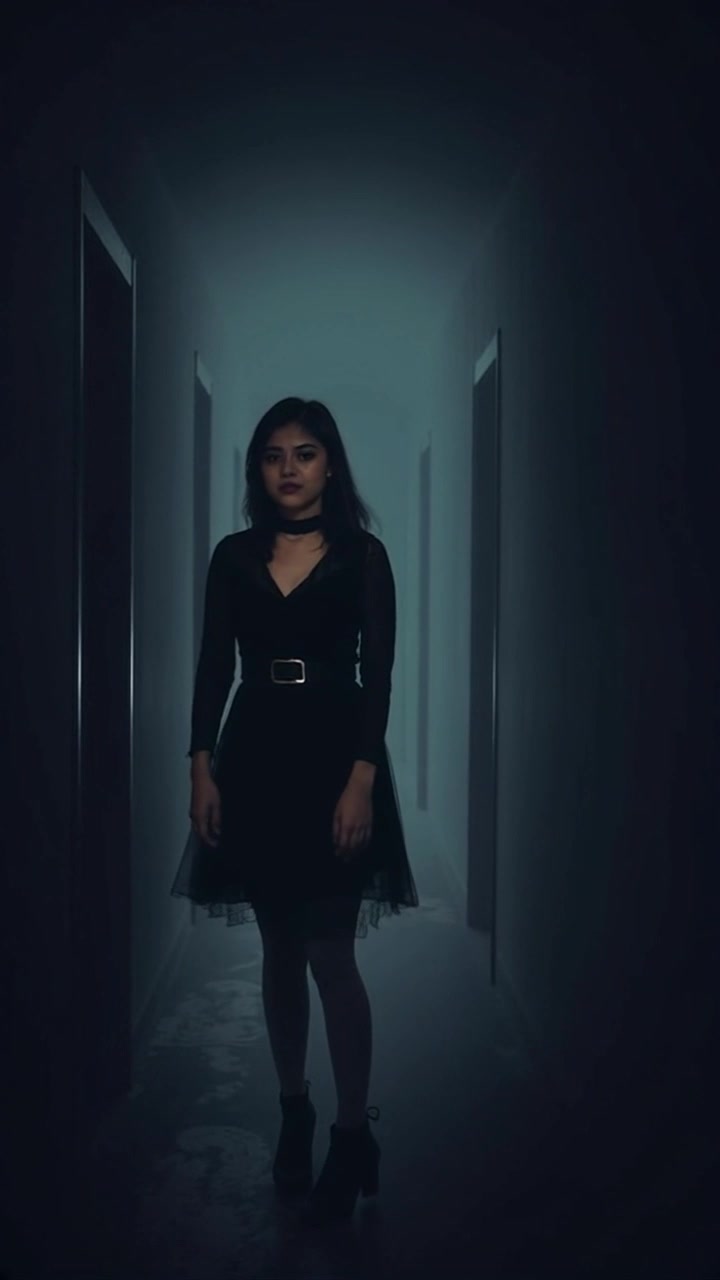 Subject: A young woman standing alone in a dimly lit corridor. Subject movement: She shifts her weight nervously from one foot to the other, glancing around as shadows flicker on the walls. Scene: Dimly lit corridor with eerie, flickering shadows that create an unsettling atmosphere. Lighting: Low ambient light with sharp contrasts between light and shadow, enhancing the mood. Motion: The camera slowly pans around her, capturing her anxious expression and the flickering shadows, as the faint sound of creaking echoes in the background.