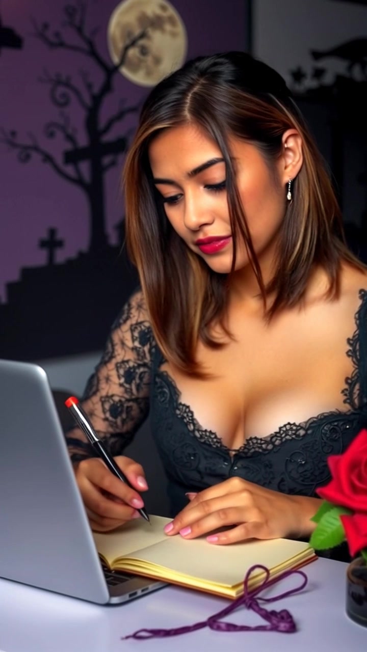 Subject: A young woman seated at her desk, actively writing notes in a notebook while engaged with her laptop. Subject movement: She briefly glances up, shifting her focus between the laptop and her notes, with her pen moving swiftly across the page. Scene: A cozy, well-lit home office filled with personal touches and a warm atmosphere. Style: Soft afternoon light streams in through the window, casting gentle shadows that create an inviting mood. Motion: Camera performs a slow push-in, capturing her concentration and creativity as she jots down ideas.