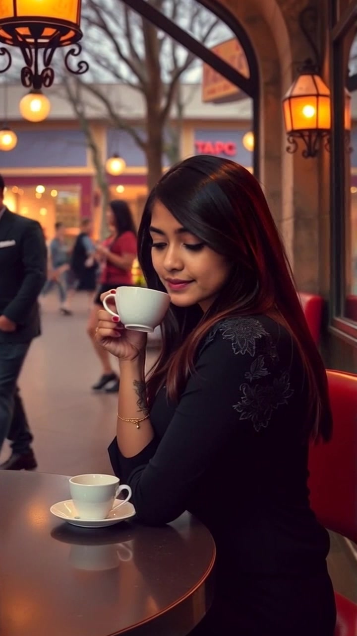 Subject: Priya sitting at a cozy coffee shop table, thoughtfully sipping tea. Scene: A warm and inviting coffee shop filled with ambient chatter and the aroma of fresh brews, visible patrons moving through the background. Lighting: Soft, warm light from hanging fixtures creating a welcoming atmosphere. Motion: The camera slowly pushes in on Priya, capturing her contemplative expression as the blur of people passes by in the background, creating a lively yet intimate setting.