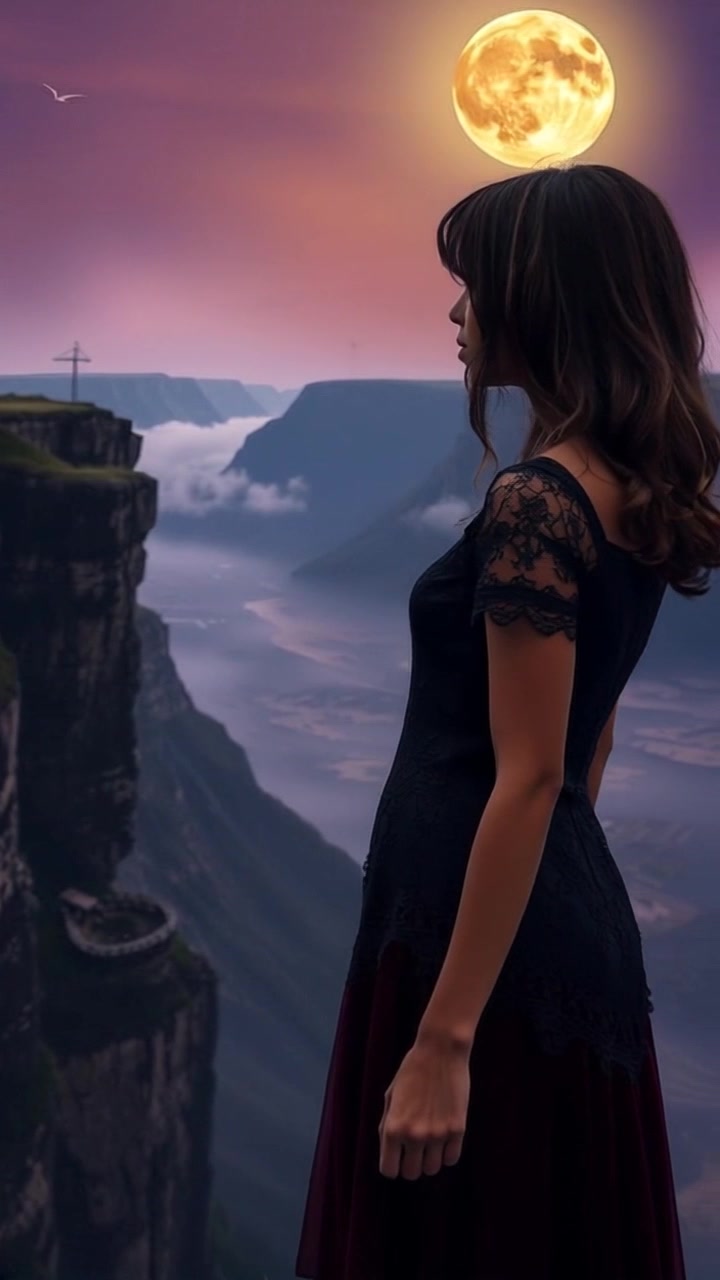 Subject: A person standing at the edge of a sheer cliff, gazing thoughtfully at the expansive valley below. Subject movement: The person shifts their weight slightly, looking out over the landscape, as the wind gently rustles their hair. Scene: A breathtaking cliff overlooking a vast green valley, under a clear blue sky. Style: Natural daylight with soft, inviting hues, creating a tranquil atmosphere. Motion: The camera slowly pushes in on the contemplative figure, capturing the grandeur of the valley in the background, while a gentle breeze adds a dynamic feel to the serene scene.