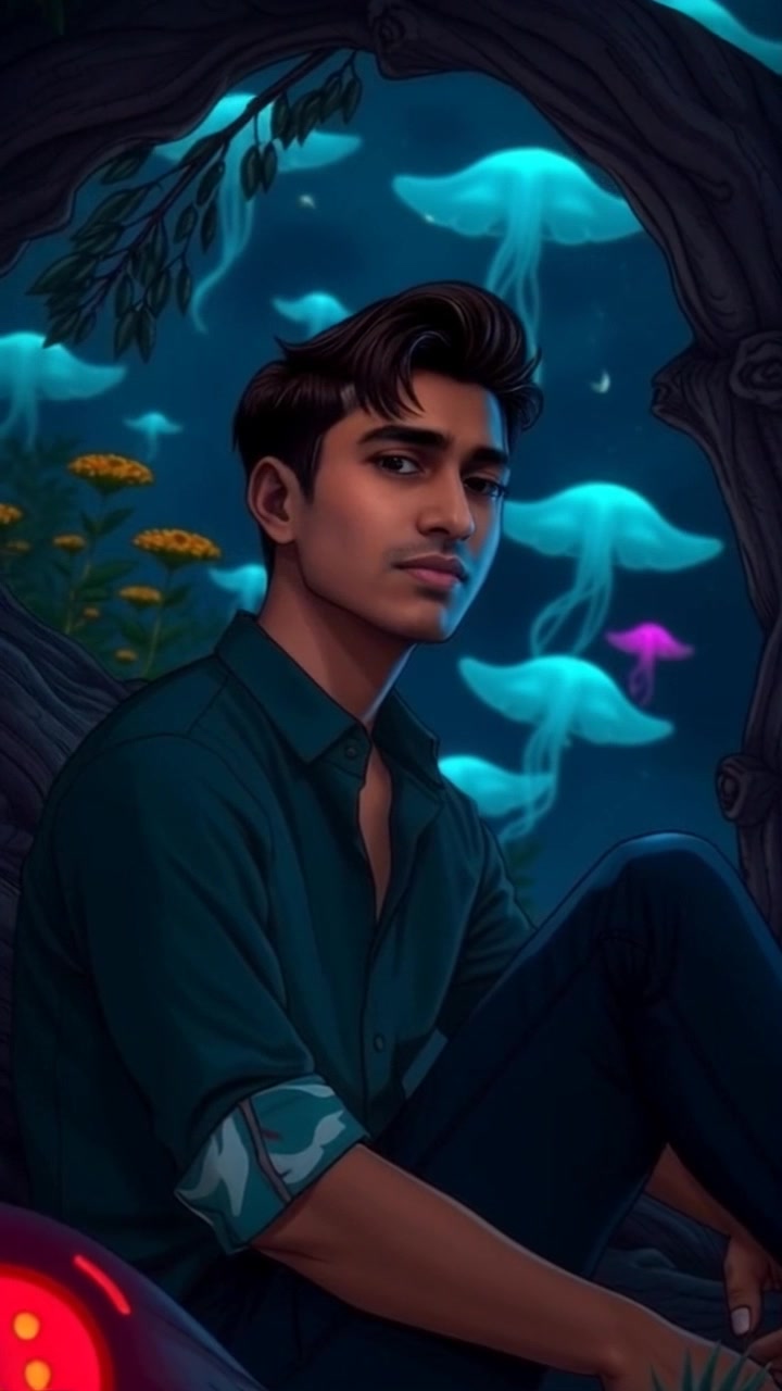 Subject: Arjun sitting under a sprawling tree, lost in thought. Scene: A serene, peaceful park setting with lush greenery and dappled sunlight filtering through the leaves. Motion: The camera performs a gentle push-in, slowly focusing on Arjun's contemplative expression, while the soft ambient light enhances the tranquil atmosphere.