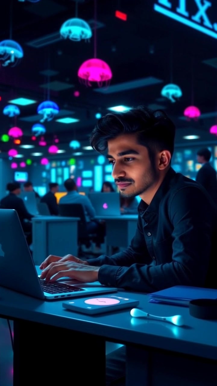 Scene: A busy office space with multiple people engaged in work, Arjun sitting at a large desk, focused on his laptop. Style: Bright, overhead lighting creating a vibrant and energetic atmosphere. Motion: Camera slowly pushes in towards Arjun, capturing the bustling environment around him as colleagues move about, emphasizing the collaborative energy of the workspace.