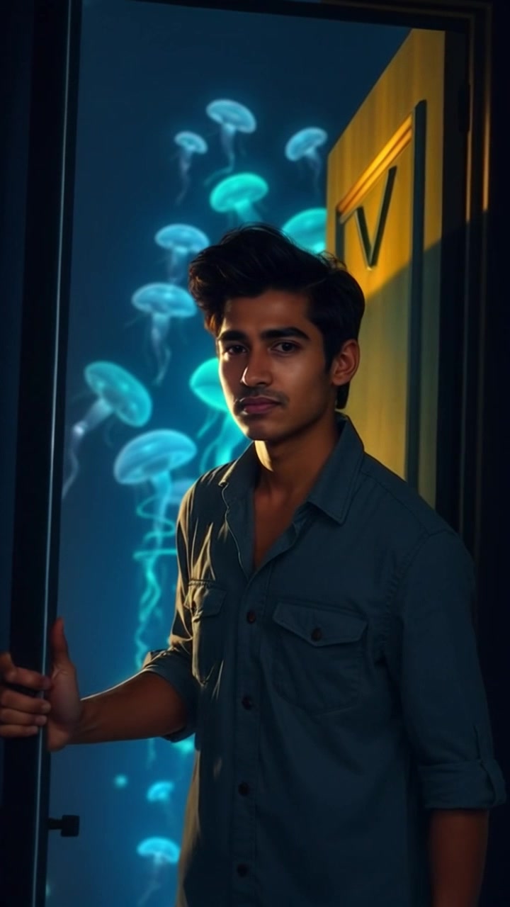 Scene: A dimly lit hallway, the atmosphere is mysterious with shadows lurking in the corners. Lighting: Warm, muted tones create a sense of intrigue as light spills in from the open door. Motion: The camera performs a smooth push-in towards the doorway, capturing the moment it opens, revealing the inviting yet eerie corridor beyond.