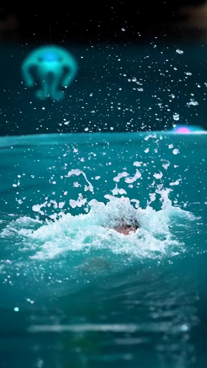 Subject: A person emerging from the water. Subject movement: The individual gasps for air, relief evident on their face as they break the surface. Scene: Vibrant and shimmering water, surrounded by a sunlit beach setting with gentle waves lapping at the shore. Style: Bright, midday sunlight creating sparkling reflections on the water surface. Motion: Camera pulls back to reveal the full scene, capturing the dynamic movement of the water as the person surfaces and the background beach comes into view.