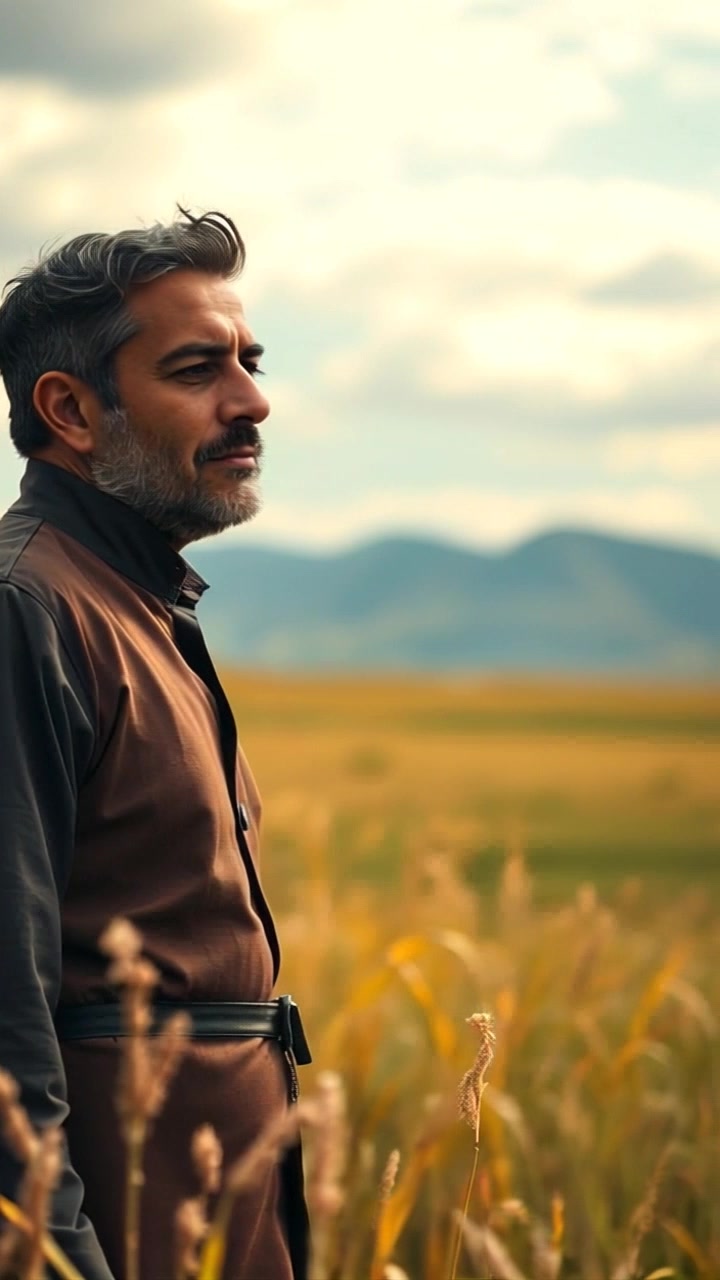 Subject: A figure standing in a field. Subject movement: The figure gazes thoughtfully towards the horizon, slight movement as the wind gently sways their posture. Scene: Open field under a vast sky, rolling hills in the distance. Style: Soft, golden-hour lighting casts a serene glow over the landscape. Motion: Camera begins with a close-up on the figure's face, then slowly pushes out to reveal the expansive field, capturing the tranquil atmosphere.