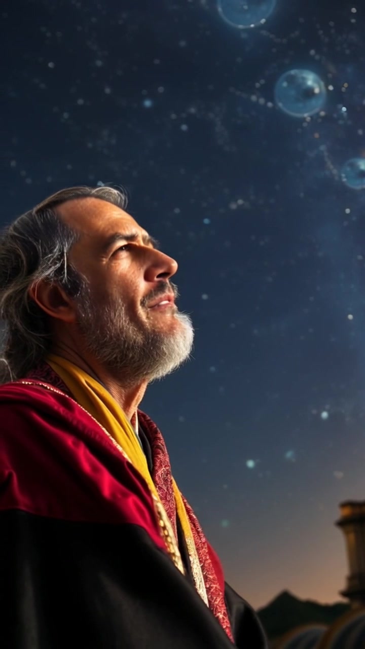 Subject: A person gazing thoughtfully at the stars in a clear night sky. Subject movement: They slowly turn their head, taking in the vastness of the cosmos while appearing contemplative. Scene: A serene outdoor setting under a star-filled sky, surrounded by gentle soft tones of nature. Style: Soft, ambient moonlight that sets a tranquil atmosphere, highlighting the person's silhouette against the twinkling stars. Motion: The camera performs a smooth pull-back, revealing the person in a wide shot, emphasizing the enormity of the night sky surrounding them.