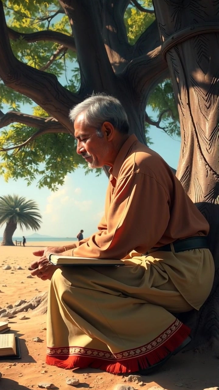 Subject: A person sitting under a large tree, absorbed in thought. Subject movement: The person occasionally shifts, turning pages of the open book on their lap while gazing contemplatively into the distance. Scene: A serene outdoor setting, with sunlight filtering through the tree branches, casting dappled shadows on the ground. Style: Soft, warm lighting with a peaceful atmosphere. Motion: Camera slowly zooms in on the person's face, capturing subtle expressions and the tranquil environment around them.