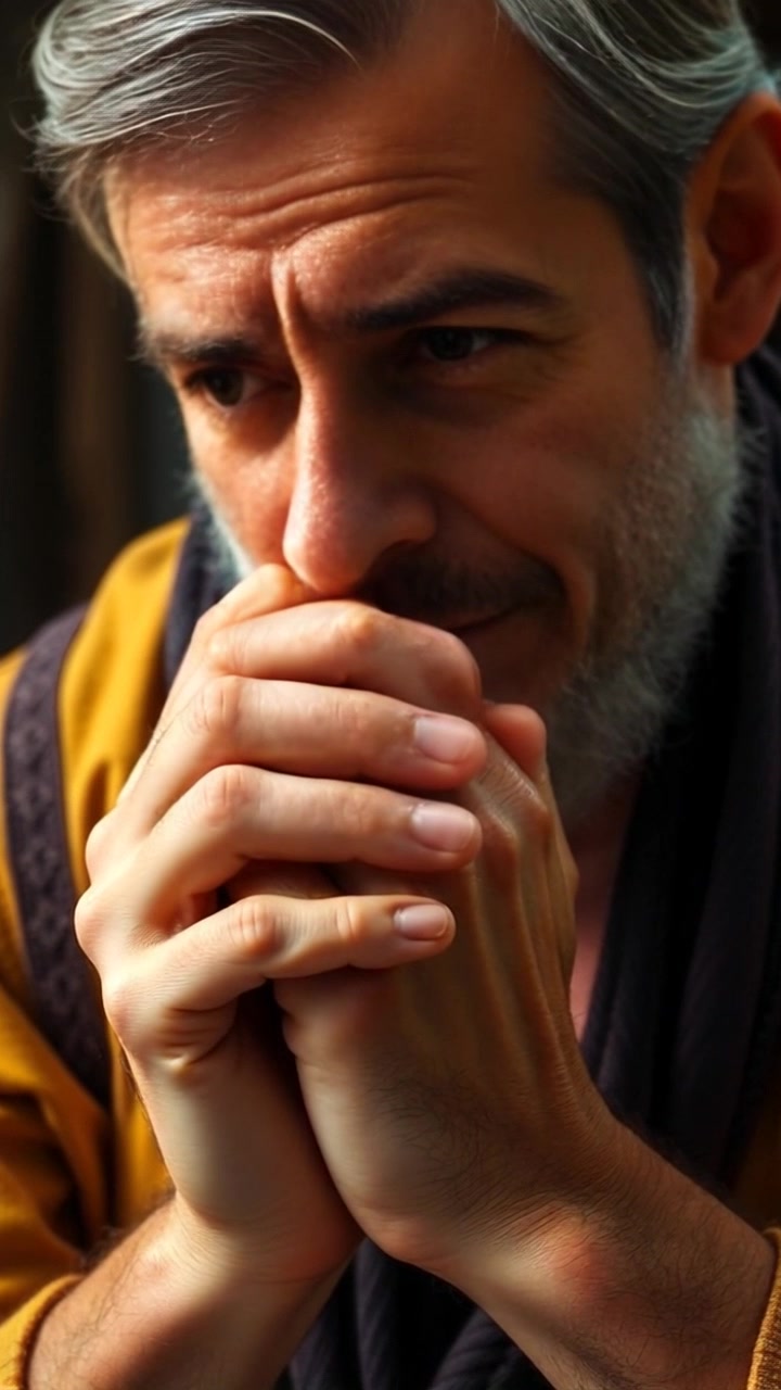 Scene: A close-up of hands clasped tightly together, capturing a moment of deep reflection. Style: Soft, diffused lighting emphasizing the textures and details of the skin. Motion: The camera slowly pushes in, enhancing the emotional gravity of the moment, with gentle focus shifts that highlight the tension in the clasped hands.