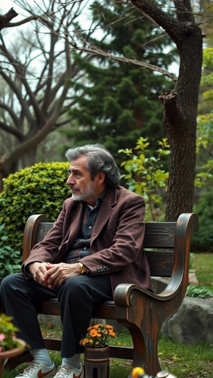 Subject: A person sitting on a wooden bench. Subject movement: The person shifts slightly, lost in thought, occasionally glancing around the lush garden. Scene: A tranquil garden filled with various trees and vibrant foliage, providing a serene backdrop. Style: Soft ambient lighting filtering through the leaves, creating dappled shadows on the ground. Motion: Camera gently pushes in on the person, capturing the contemplative atmosphere, then pans slowly to reveal the surrounding greenery.