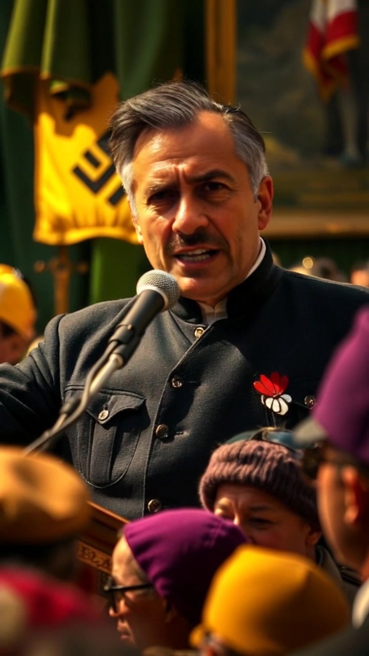 Subject: A passionate speaker delivering an inspiring speech. Subject movement: The speaker gestures emphatically, moving his arms to emphasize key points while the audience reacts with nods and claps. Scene: A large crowd gathered in an outdoor plaza, vibrant banners waving in the breeze. Style: Warm sunlight casting dynamic shadows across the scene, enhancing the emotional atmosphere. Motion: The camera performs a dramatic panning shot, capturing the speaker's fervor and the captivated audience, gradually zooming in to focus on the speaker's expressive face.