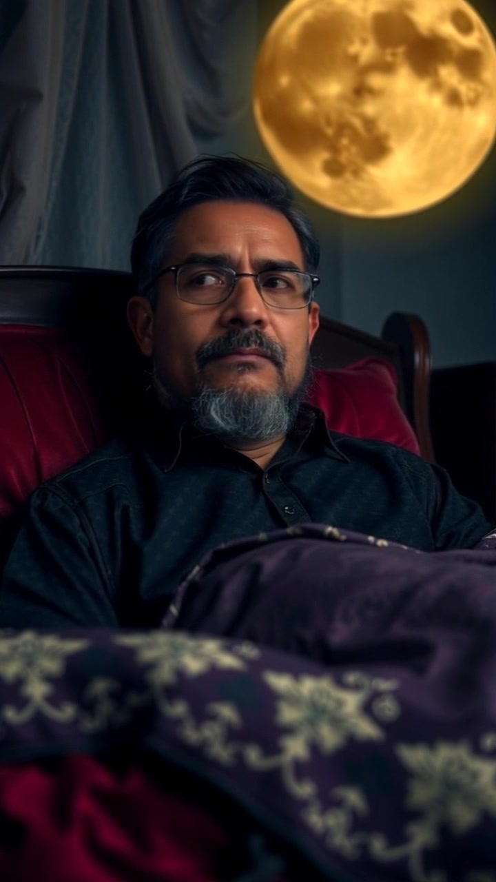 Subject: A person sitting up in bed, alert and attentive. Subject movement: The person turns their head slowly, focusing on a dark corner of the room. Scene: A dimly lit bedroom, shadows cast by sparse light sources, creating an atmosphere of suspense. Style: Muted colors with a hint of blue tones enhancing the mysterious ambiance. Motion: The camera gently pushes in to emphasize the person's alertness, with a shallow depth of field that blurs the background, drawing attention to their expression.
