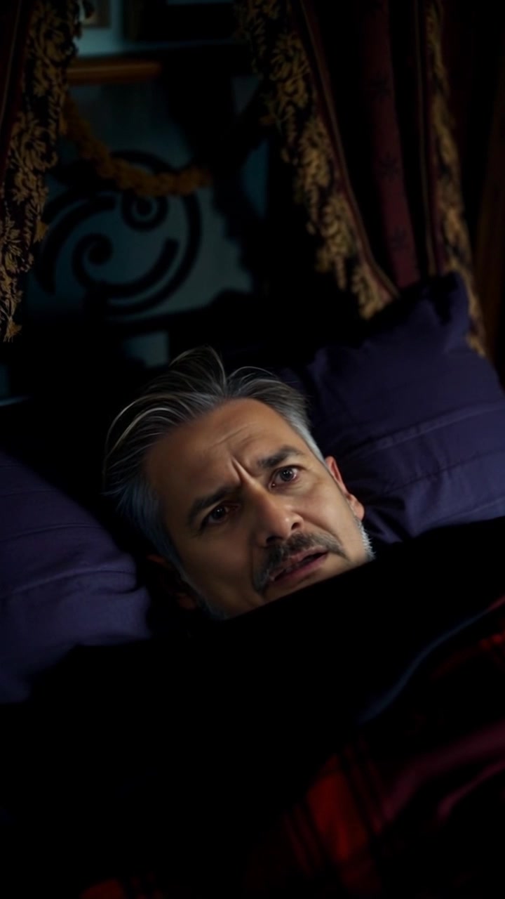 Subject: A person lying awake in bed with wide eyes, surrounded by the shadows of the bedroom. Scene: A dimly lit bedroom enveloped in darkness, with only faint hints of furniture visible. Motion: The camera slowly pushes in on the figure, focusing on the expression of apprehension on their face, while the shadows dance subtly around the edges of the frame, enhancing the atmosphere of unease.