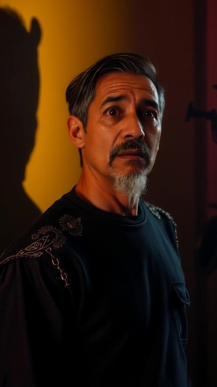 Subject: A person appearing shocked, standing in a dimly lit room. Scene: The shadows from the flickering light create a dramatic atmosphere on the walls, adding to the tension. Motion: The camera zooms in slowly on the subject's face, capturing the details of their expression while the shadows dance around them, enhancing the intensity of the moment.