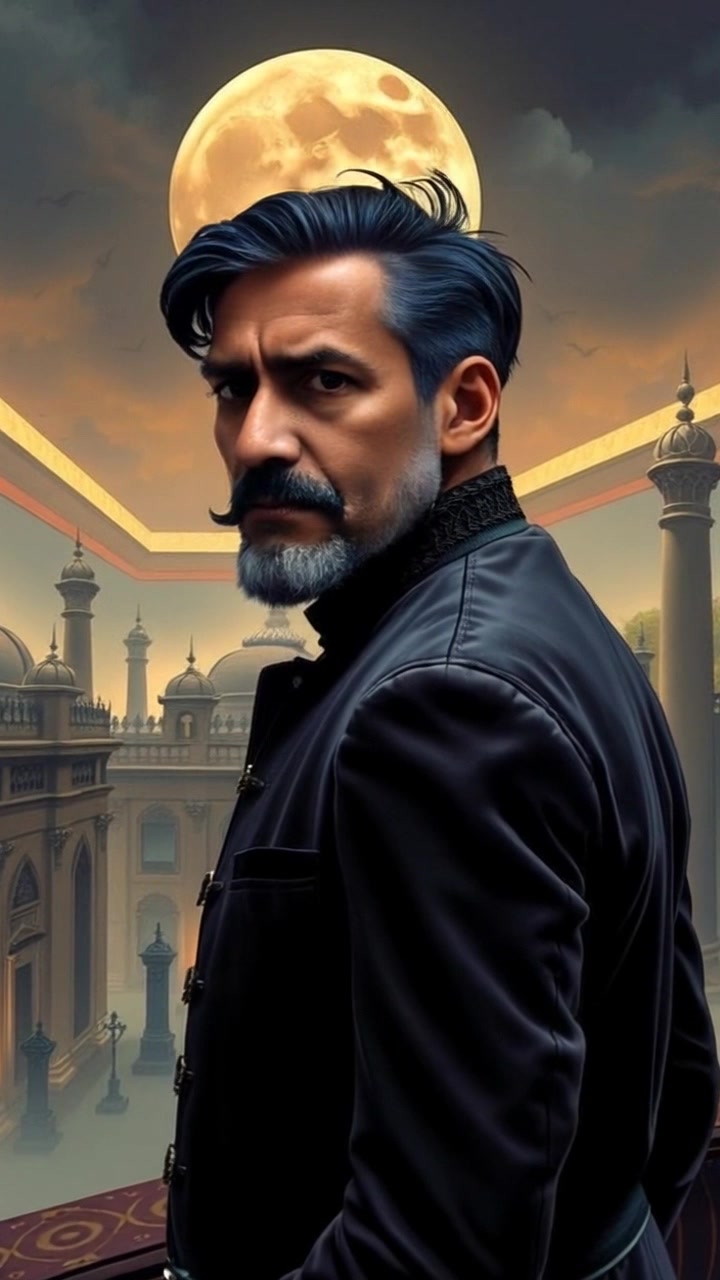 Subject: Raj standing confidently on a balcony. Subject movement: He gazes thoughtfully into the distance, with a slight breeze tousling his hair. Scene: A sweeping view from the balcony overlooking a lush kingdom, framed by majestic mountains and a clear sky. Style: Warm, afternoon light bathing the kingdom in golden hues, enhancing the vibrant colors of the landscape. Motion: The camera slowly pushes in towards Raj, capturing the depth of his expression as the scenic kingdom unfolds behind him.