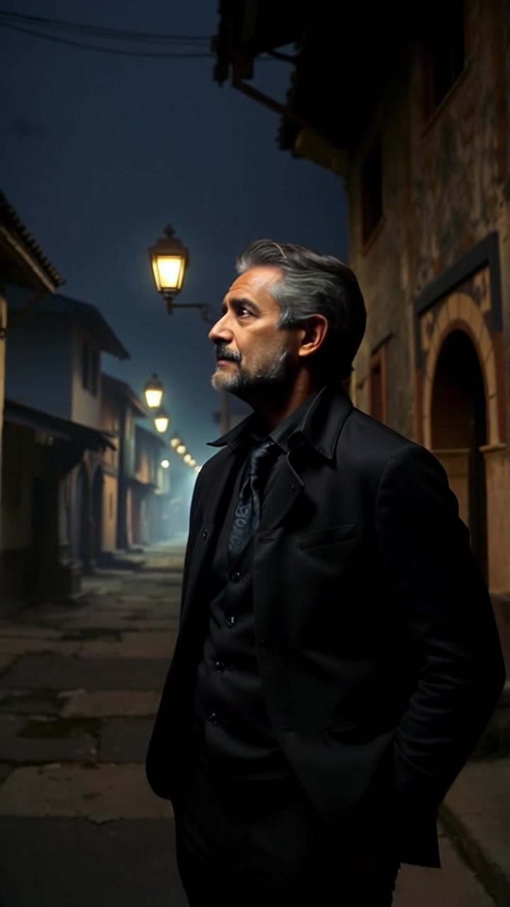 Subject: Raj standing alone in a dimly lit village street at midnight, looking contemplative. Subject movement: Raj shifts his weight slowly, glancing around as the shadows shift. Scene: A narrow, cobblestone street flanked by old stone houses under a starry sky. Style: Dim lighting creates a moody atmosphere with hints of blue and gray. Motion: The camera pushes in gently on Raj's face, capturing the light reflecting in his eyes, then pulls back to frame the entire street, emphasizing the solitude.