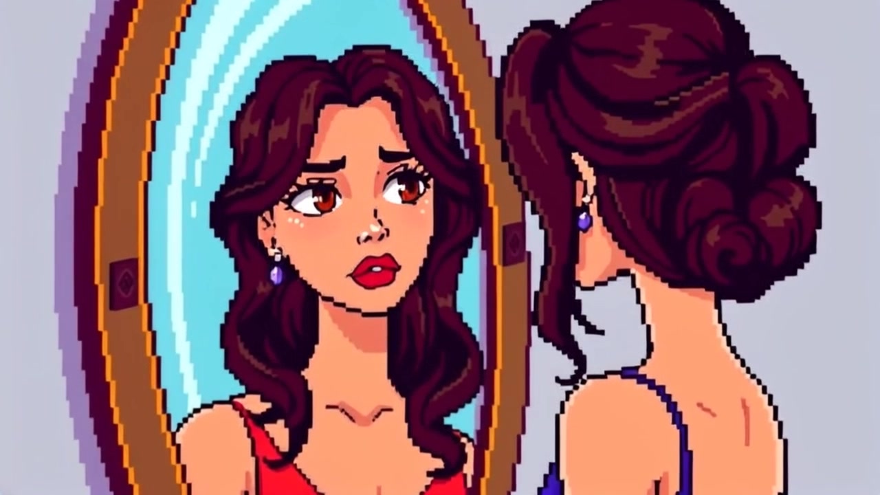 Subject: A young woman standing thoughtfully in front of a mirror, her expression contemplative as she reflects on her emotions. Subject movement: She shifts her gaze slightly, exploring her thoughts as shadows play across her face. Scene: A softly lit bedroom setting, where the mirror's reflection captures the mood of introspection. Style: Warm, ambient lighting creating a cozy atmosphere throughout the room. Motion: The camera performs a gentle push-in towards her face, slowly revealing the depth of her emotions.