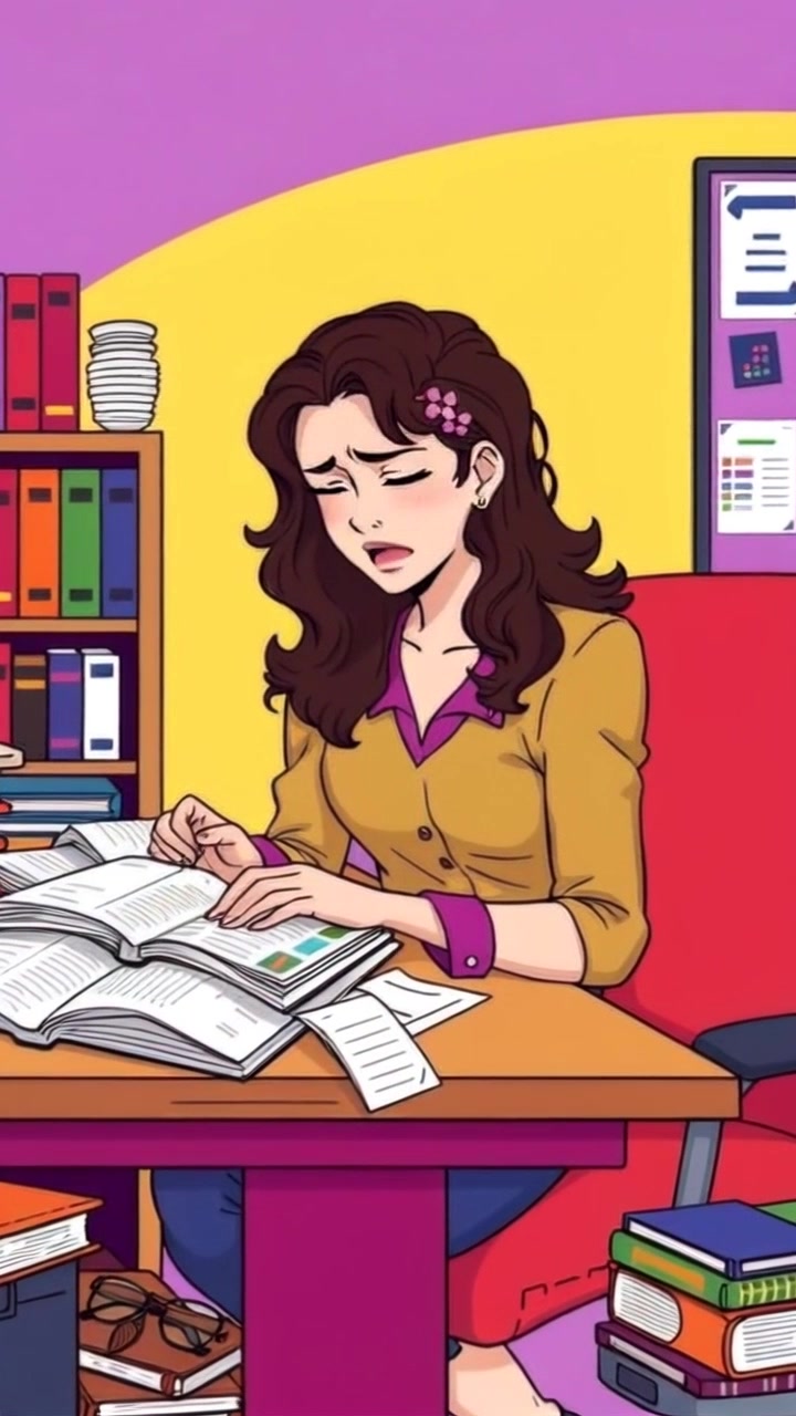 Subject: A young woman sitting at her cluttered desk, visibly frustrated while reviewing her notes and textbooks. Scene: A cozy study room filled with stacks of books and scattered papers, bathed in soft, warm light from a nearby window. Motion: The camera slowly pushes in on her as she sighs deeply, capturing her emotions and the organized chaos around her.