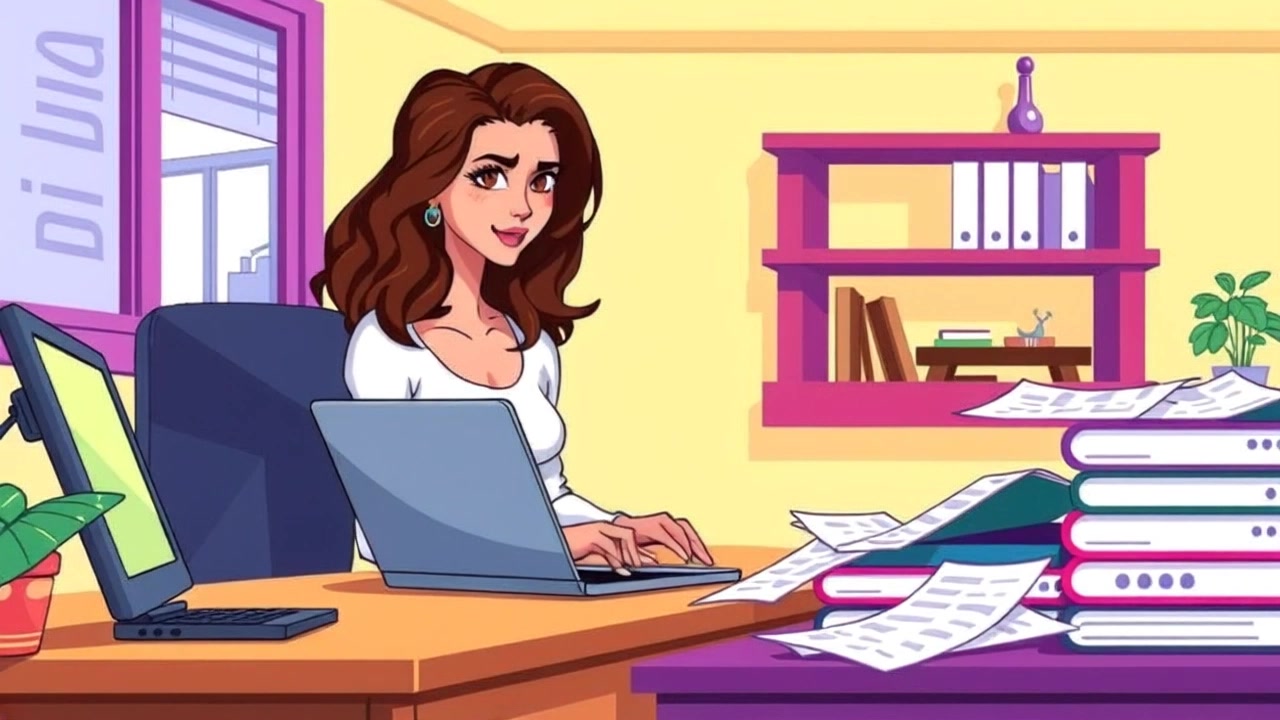Subject: A young journalist at her desk. Subject movement: She types rapidly on her laptop, glancing at scattered papers around her. Scene: An organized yet chaotic office environment filled with bookshelves, a coffee mug, and natural light streaming through the window. Style: Bright daylight illuminating the space warmly and emphasizing the clutter. Motion: The camera performs a smooth push-in toward her focused expression as she types, then tilts up to capture the messy desk in detail.