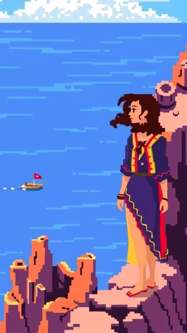 Subject: A young woman standing confidently on the edge of a cliff. Subject movement: She gazes out over the vast ocean, her hair gently tousled by the breeze. Scene: Stunning ocean vista with rocky terrain beneath her, waves crashing against the cliffs. Style: Bright, natural lighting highlighting the scene's beauty and vibrancy. Motion: The camera slowly pushes in from a wide shot, capturing the dramatic scale of the cliff and ocean while subtly swaying to mimic the wind.