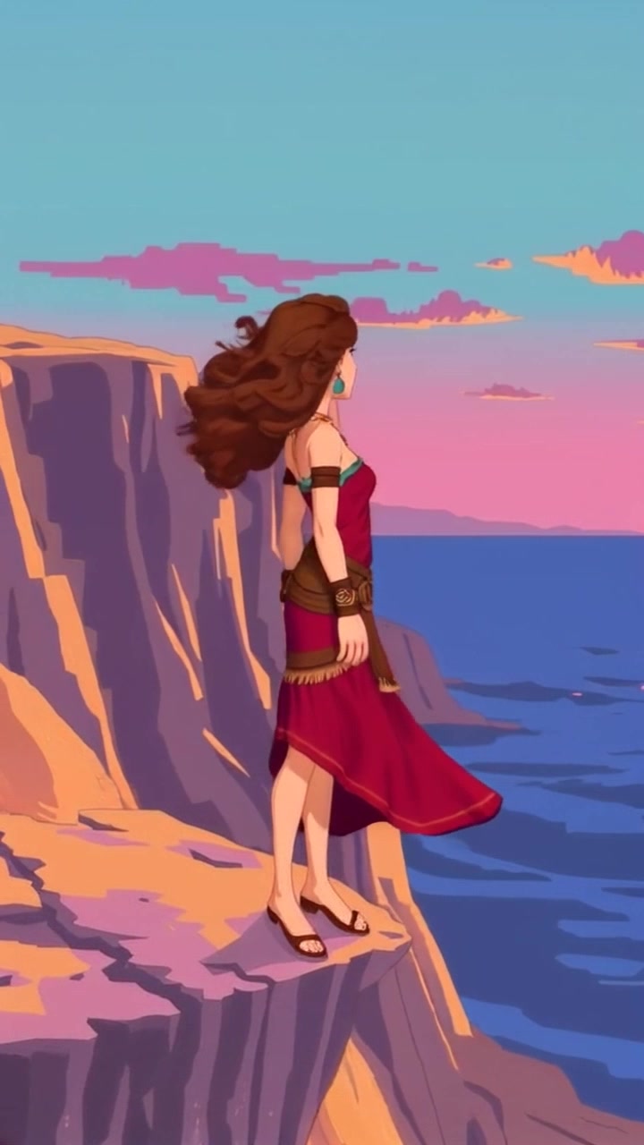Subject: Maya standing on the edge of a cliff. Subject movement: She gazes out at the vast ocean, with her hair gently swaying in the breeze. Scene: Majestic cliffside overlooking the ocean during sunset, with vivid colors reflecting off the water. Camera: A dramatic panning shot that encircles her while capturing the expansive horizon. Lighting: Warm, golden-hour light illuminating the scene, creating a serene and contemplative atmosphere.
