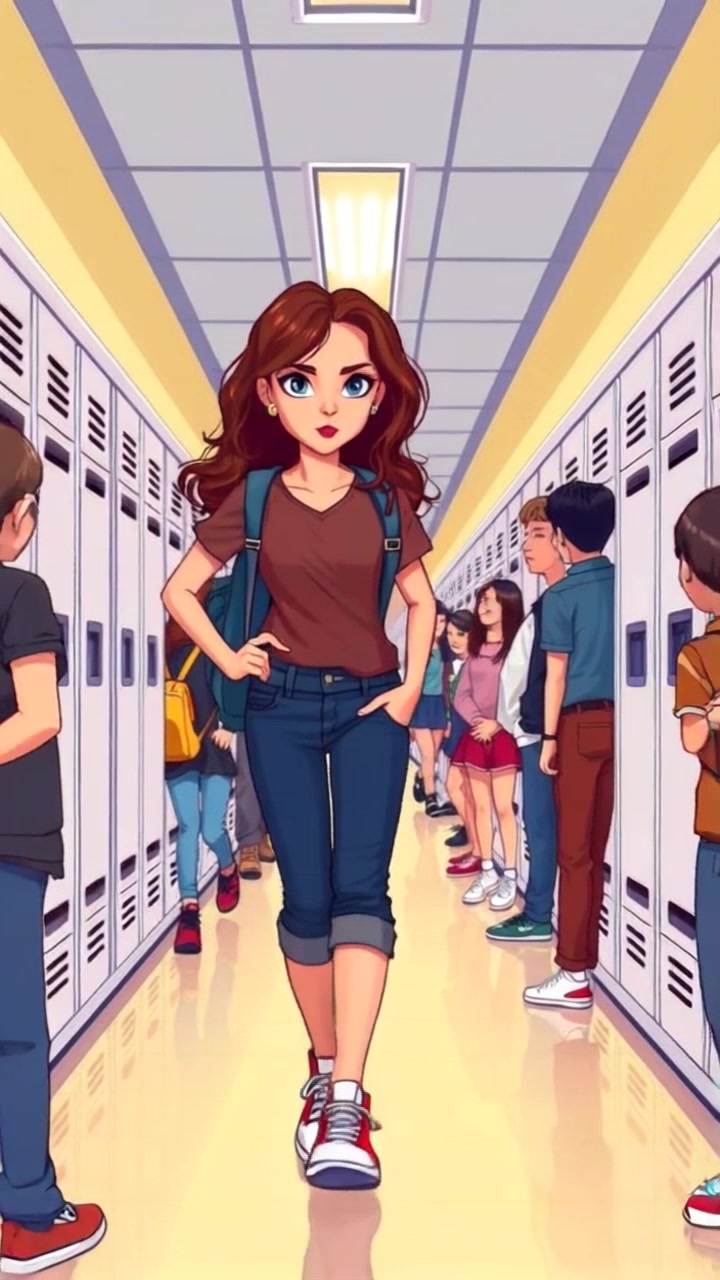 Subject: Maya walking with purpose down a bustling school hallway, flanked by lockers on either side. Subject movement: She strides confidently, glancing towards her peers who are engaged in lively conversations. Scene: The vibrant hallway of a high school filled with students and colorful locker doors. Style: Bright ambient lighting highlighting the energy of student life. Motion: Camera follows Maya from a low angle, tracking her movement as she navigates through the crowd, capturing the dynamic atmosphere of the hallway.
