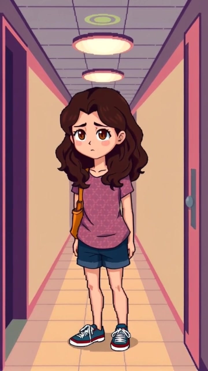 Subject: A young woman standing alone in a hallway. Subject movement: She shifts her weight from one foot to another, displaying her uncertainty. Scene: Dimly lit hallway with textured walls and sparse decor, creating an intimate yet tense atmosphere. Style: Soft, ambient lighting casts gentle shadows throughout, highlighting her thoughtful expression. Motion: Camera slowly approaches her in a smooth push-in, capturing the emotional weight in her eyes as she contemplates her next move.