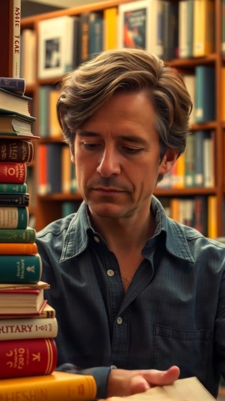 Subject: Mark, sitting thoughtfully in a library surrounded by stacks of books. Subject movement: He shifts slightly in his seat, adjusting a book in his lap as he contemplates. Scene: An intimate library setting, filled with tall shelves of books under warm, ambient lighting creating a cozy, inviting atmosphere. Motion: A smooth, handheld camera tracking shot moves in closer to capture the details of Mark's expression and the spines of the books behind him.