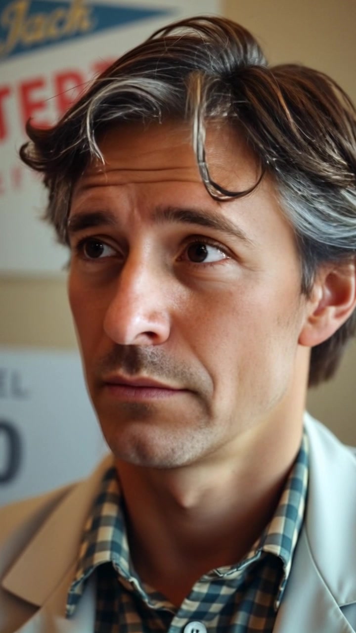 Subject: A person reflecting with a hint of concern on their face. Scene: Close-up of the person's face, captured in a softly lit, intimate setting that emphasizes their emotions. Style: Warm, ambient lighting that subtly highlights their features, creating an inviting yet contemplative atmosphere. Motion: The camera gently pushes in for a more intimate view, capturing the slight movement of their expression as they contemplate, conveying depth and vulnerability.