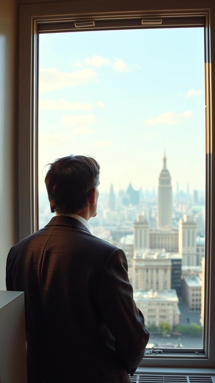 Subject: A man staring contemplatively out of an office window. Subject movement: The man remains still, deep in thought. Scene: A modern office space overlooking a bustling city with skyscrapers and busy streets below. Style: Soft afternoon light filtering through the glass, creating a warm and inviting atmosphere. Motion: The camera slowly pans from the cityscape back to the man, capturing his expression of reflection against the backdrop of the urban landscape.