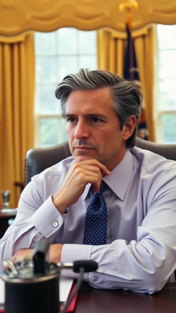 Subject: A person sitting at a desk in the Oval Office, deep in thought with a serious expression. Subject movement: The individual shifts slightly in their seat and looks around, reflecting on their thoughts. Scene: The iconic Oval Office, with its classic decor and presidential seal prominently displayed in the background. Lighting: Soft, natural light streaming through the windows, creating a warm yet contemplative atmosphere. Motion: Camera gently pans across the room, moving from the desk to capture the details of the surroundings, then focuses back on the individual, emphasizing their introspective moment.