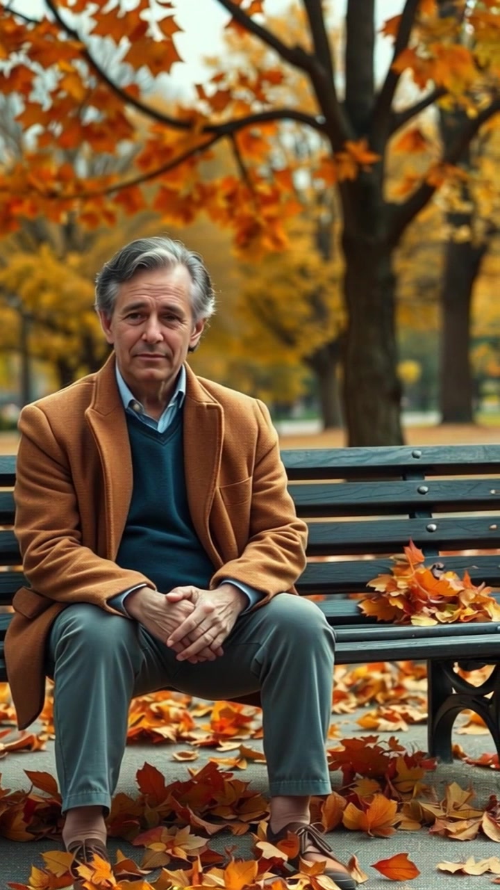 Subject: A person sitting alone on a park bench. Subject movement: The person shifts slightly, reflecting on their thoughts, their gaze drifting around the serene park. Scene: A tranquil park setting in autumn, with vibrant leaves scattered around and trees showcasing golden hues. Style: Soft, diffused morning light casting a warm glow over the scene, enhancing the autumn colors. Motion: The camera gently pans around the bench, capturing the peaceful atmosphere and the beauty of the surrounding foliage.