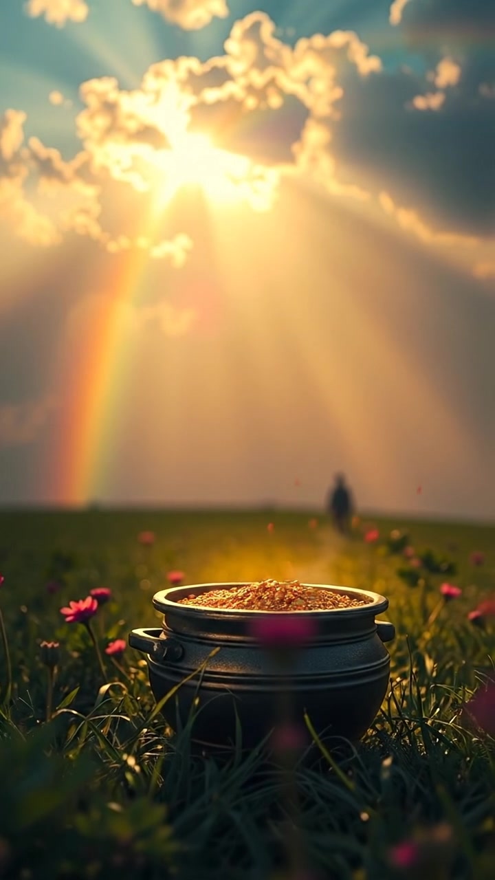The camera slowly pushes in on the pot of gold as the rainbow arcs overhead, golden coins shimmering in the soft sunlight. The audio features gentle breeze, sparkling magical tones, and faint chimes as the rainbow glows softly.