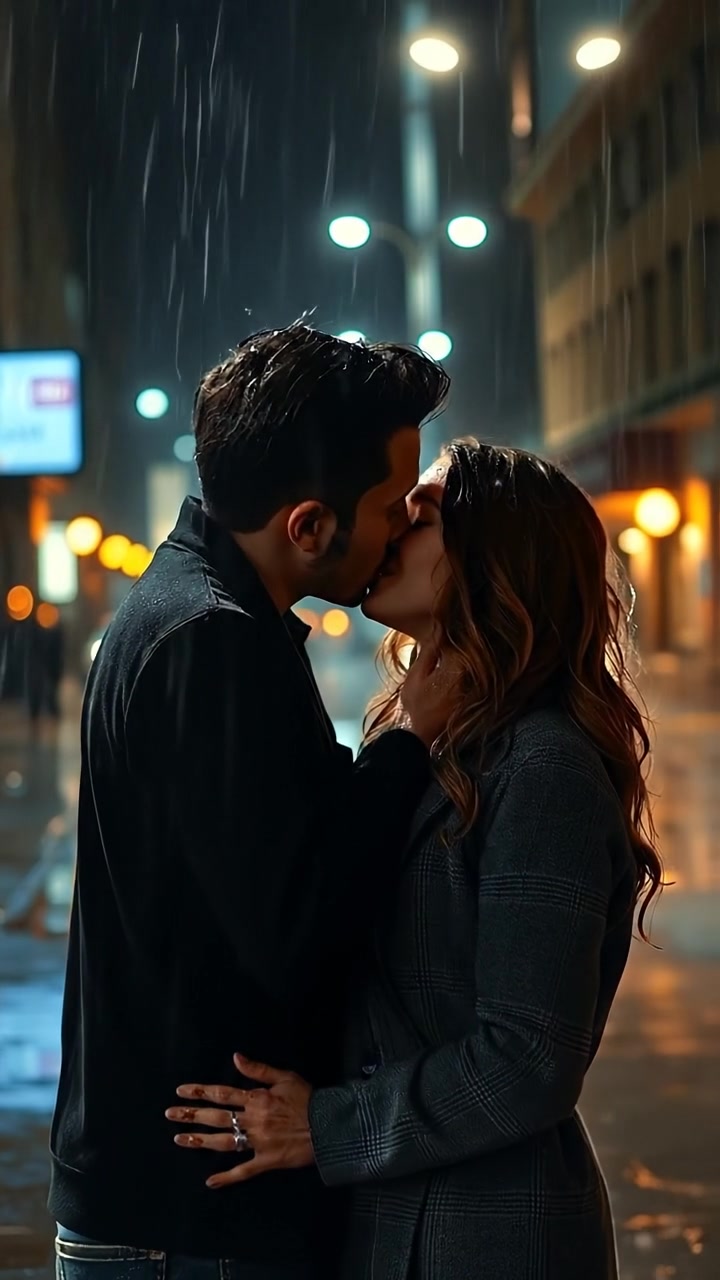 The camera spins gently around the couple as they kiss in the rain, city lights reflecting off the soaked pavement beneath their feet. The audio features rainfall with gentle splashes, faint city noise, and the soft rustle of clothing.