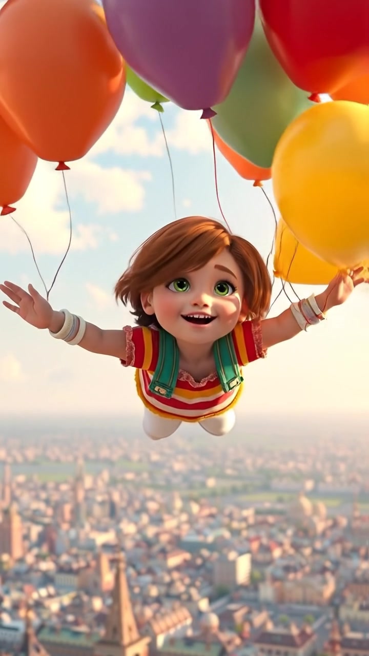 The camera trails just behind the character as they rise through the air with colorful balloons, the cityscape shrinking far below. The audio features whimsical wind sounds, creaking balloon strings, and faint childlike laughter.