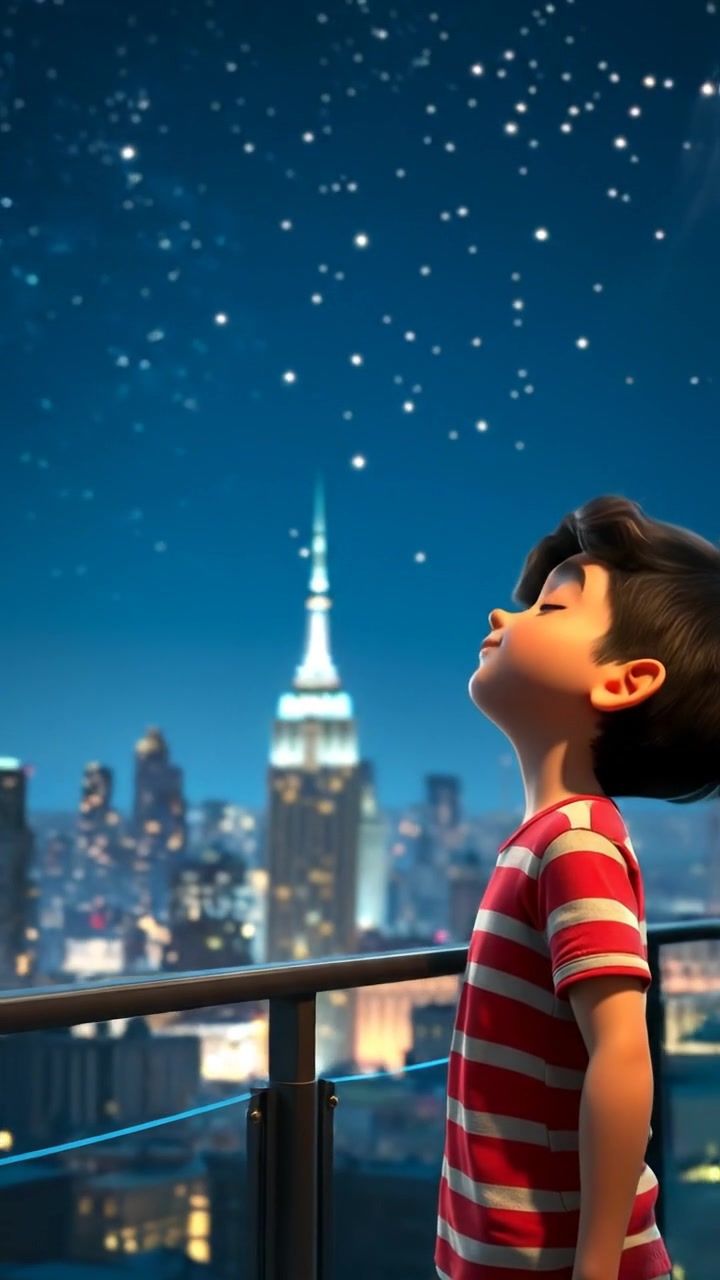 The camera floats upward toward the child on the balcony, revealing a vast starlit sky as a shooting star streaks past. The audio features quiet nighttime ambience, a faint whoosh as the star flies, and soft breathing.