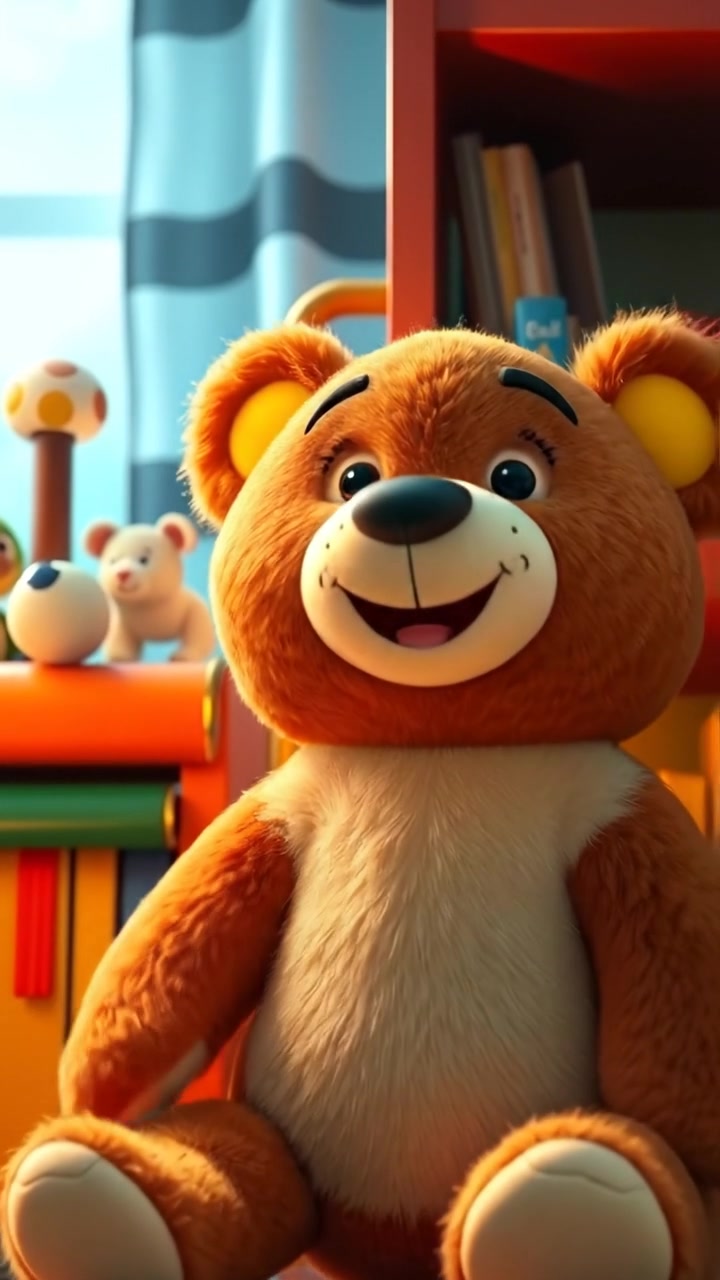 The camera pulls in close as the stuffed bear’s breaks out into a smile and waves his arm as if to say hello. . The audio features magical twinkling, soft plush movement, and background nighttime hum.