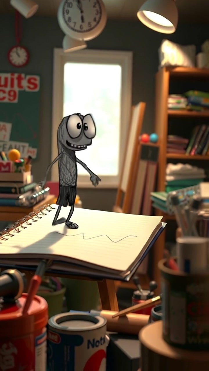 The camera pans across the notebook as the doodle lifts off the page, then follows it as it explores the studio with sketchy steps. The audio features pencil scribbles, light paper rustles, and a dreamy background hum.