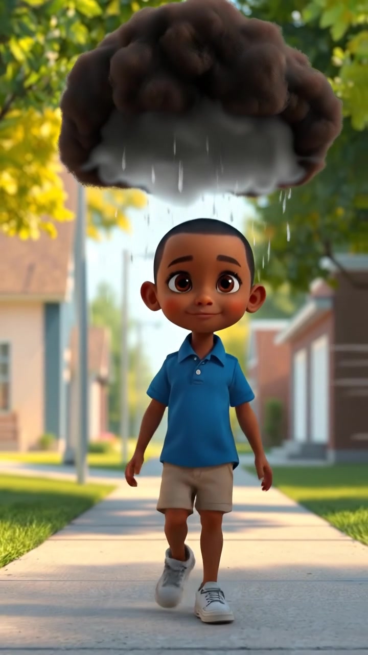 The camera tracks the figure from above as the storm cloud hovers closely overhead, rain falling only in a perfect circle around them. The audio features stormy wind with concentrated rainfall and a comedic thunderclap.